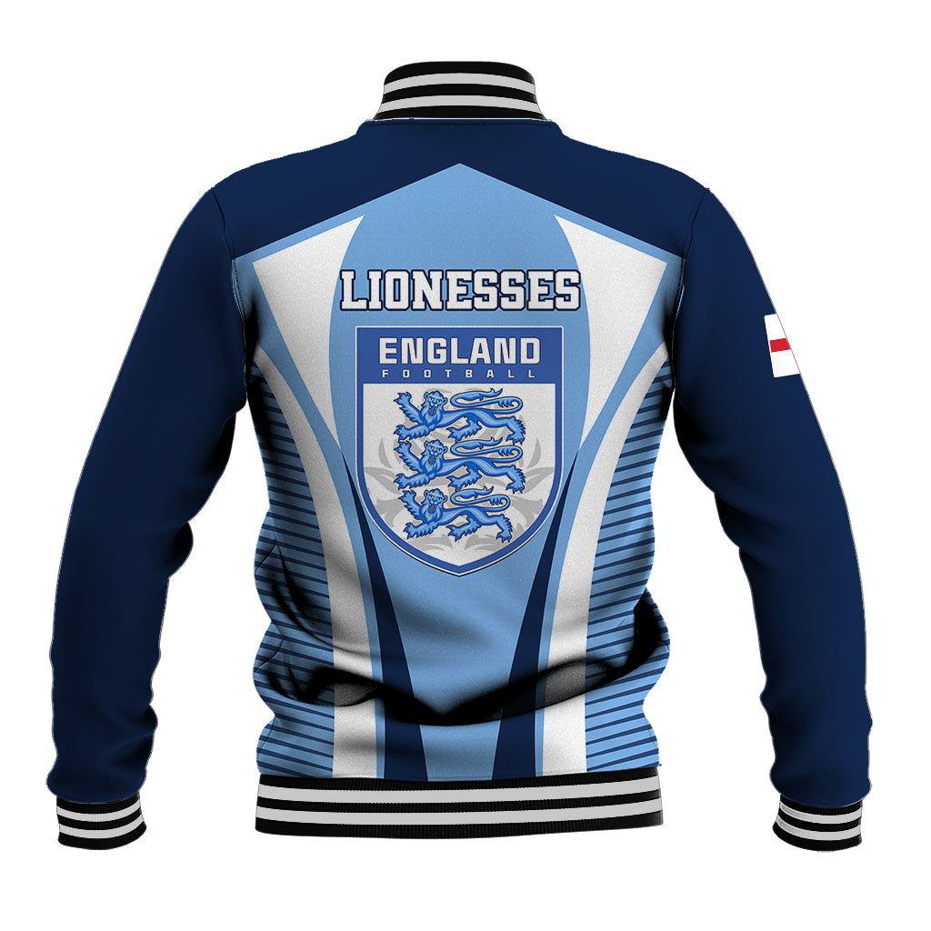 Unisex blue football baseball jacket, back Lionesses print, striped panels, snap front