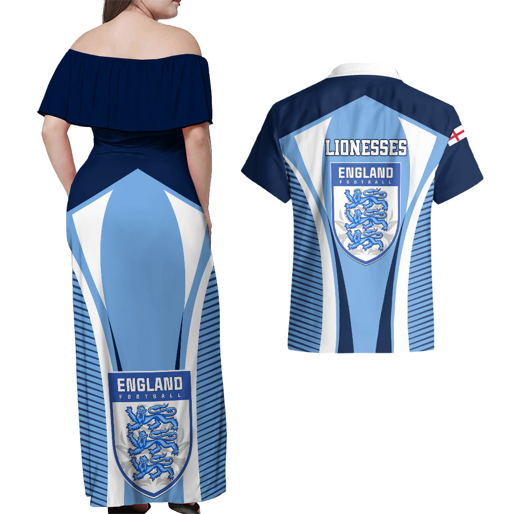 England Football Couples Matching Off Shoulder Maxi Dress and Hawaiian Shirt Lionesses Blue Sporty Style - Wonder Print Shop