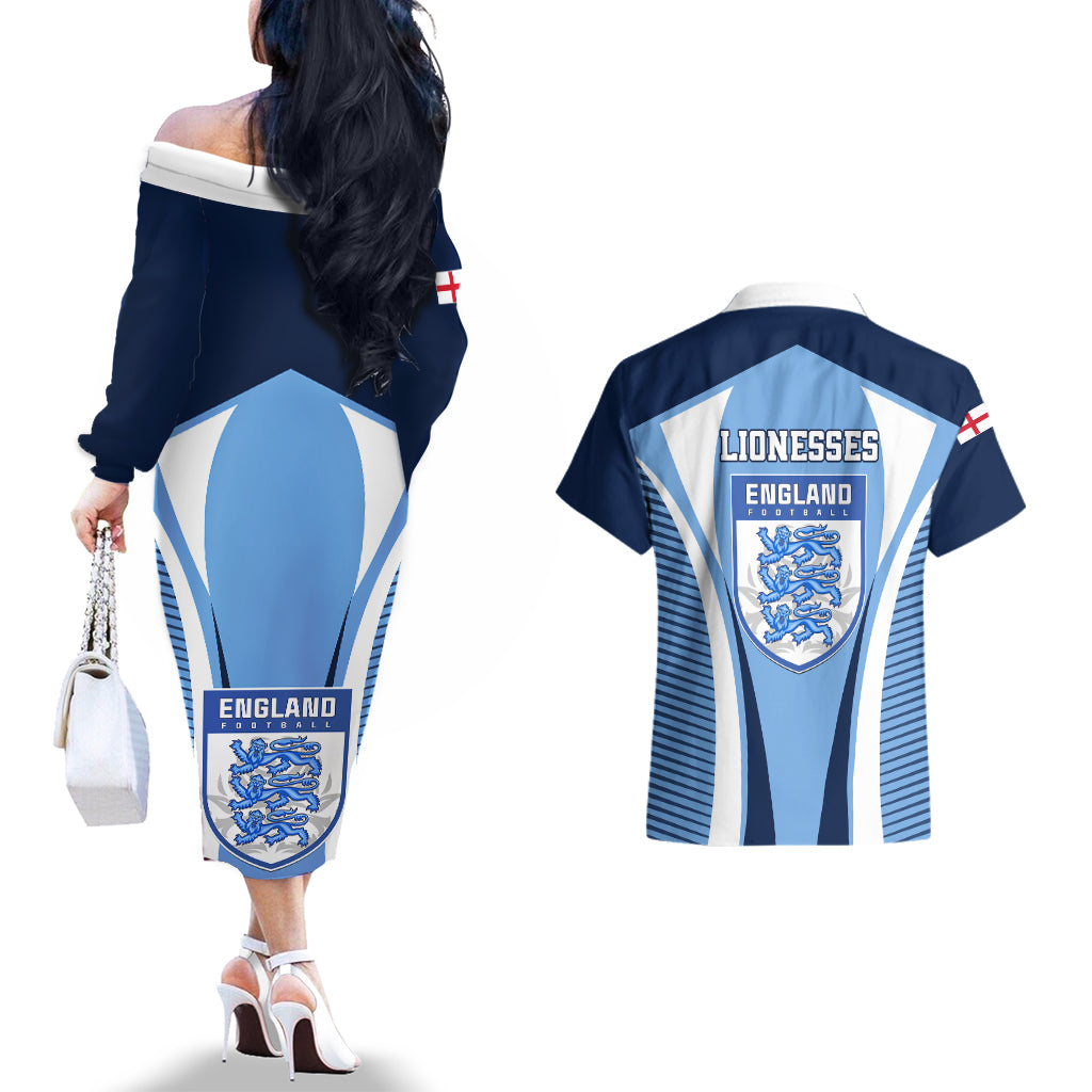 England Football Couples Matching Off The Shoulder Long Sleeve Dress and Hawaiian Shirt Lionesses Blue Sporty Style - Wonder Print Shop