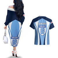 England Football Couples Matching Off The Shoulder Long Sleeve Dress and Hawaiian Shirt Lionesses Blue Sporty Style - Wonder Print Shop