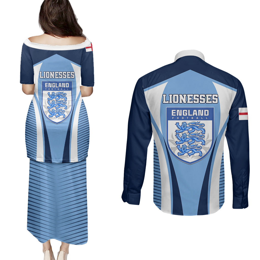 England Football Couples Matching Puletasi Dress and Long Sleeve Button Shirts Lionesses Blue Sporty Style - Wonder Print Shop