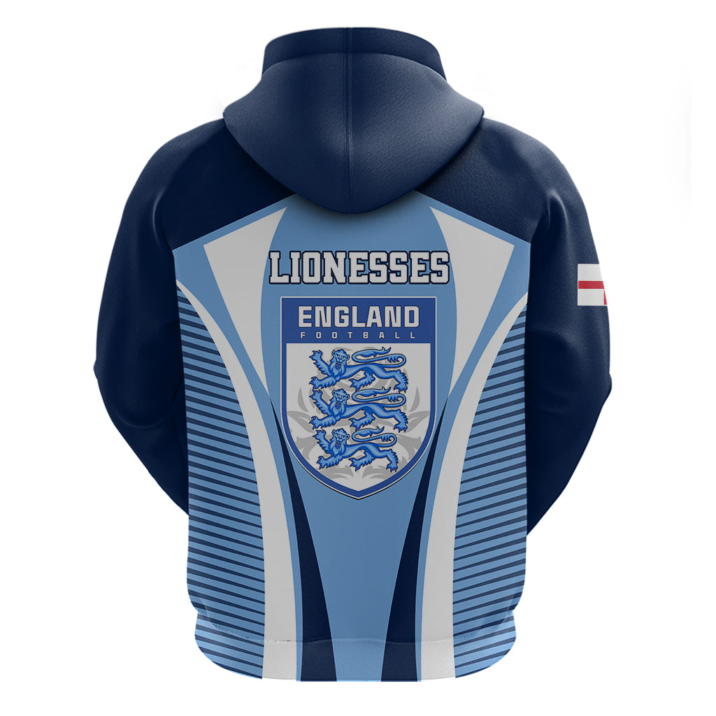 Blue pullover hoodie back print with LIONNESSES and England crest, striped design.