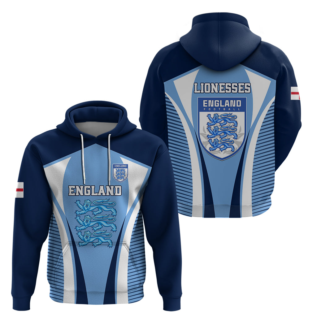 Blue pullover hoodie front and back views with England crest, Lionesses logo, stripes.