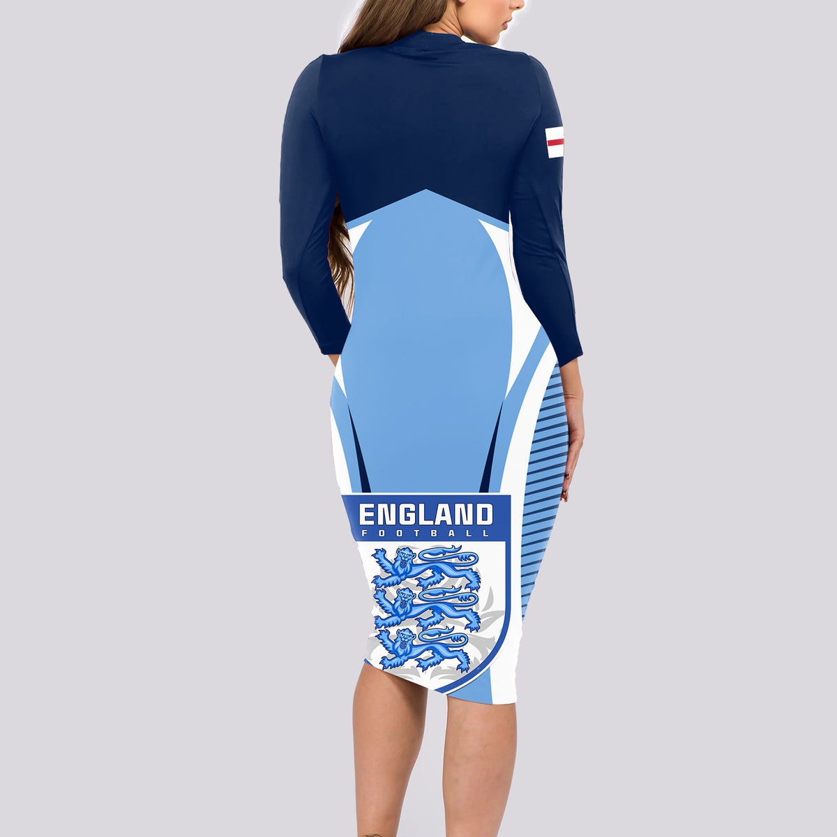 England Football Long Sleeve Bodycon Dress Lionesses Blue Sporty Style - Wonder Print Shop