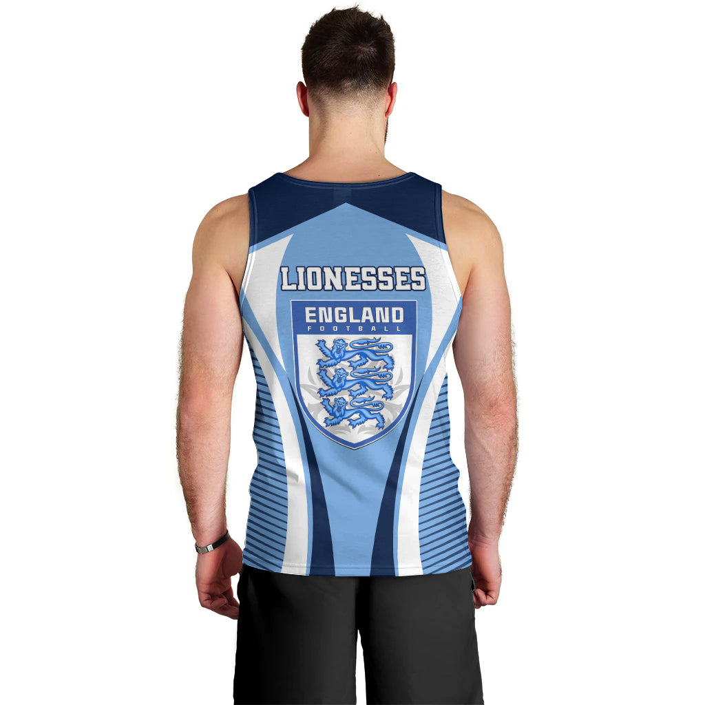 Back view of blue and white England football tank top with Lionesses lettering and crest