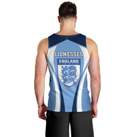 Back view of blue and white England football tank top with Lionesses lettering and crest