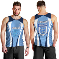 Blue and white sleeveless England football tank top with Lionesses front and back panels