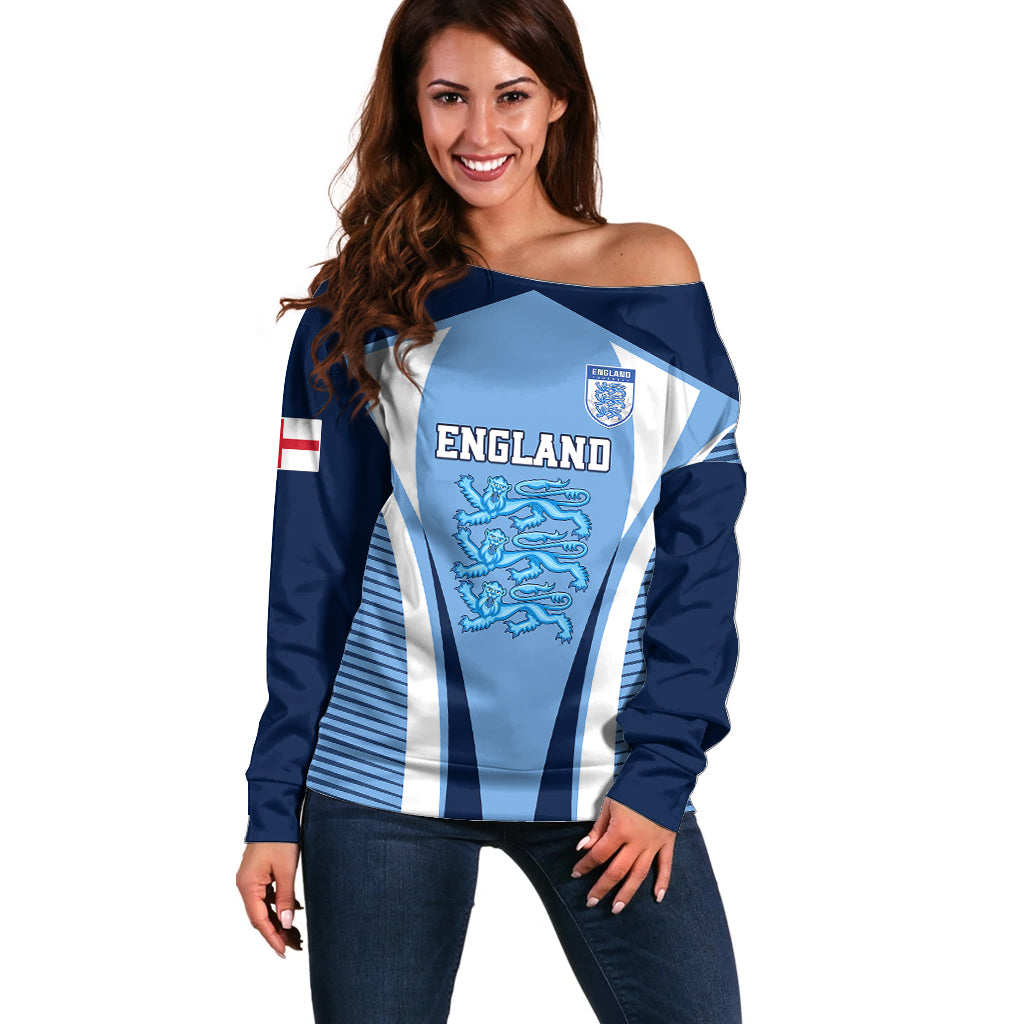 England Football Off Shoulder Sweater Lionesses Blue Sporty Style - Wonder Print Shop