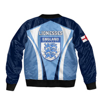 Blue zip-up bomber jacket with Lionesses England crest, striped panel, ribbed hem and cuffs