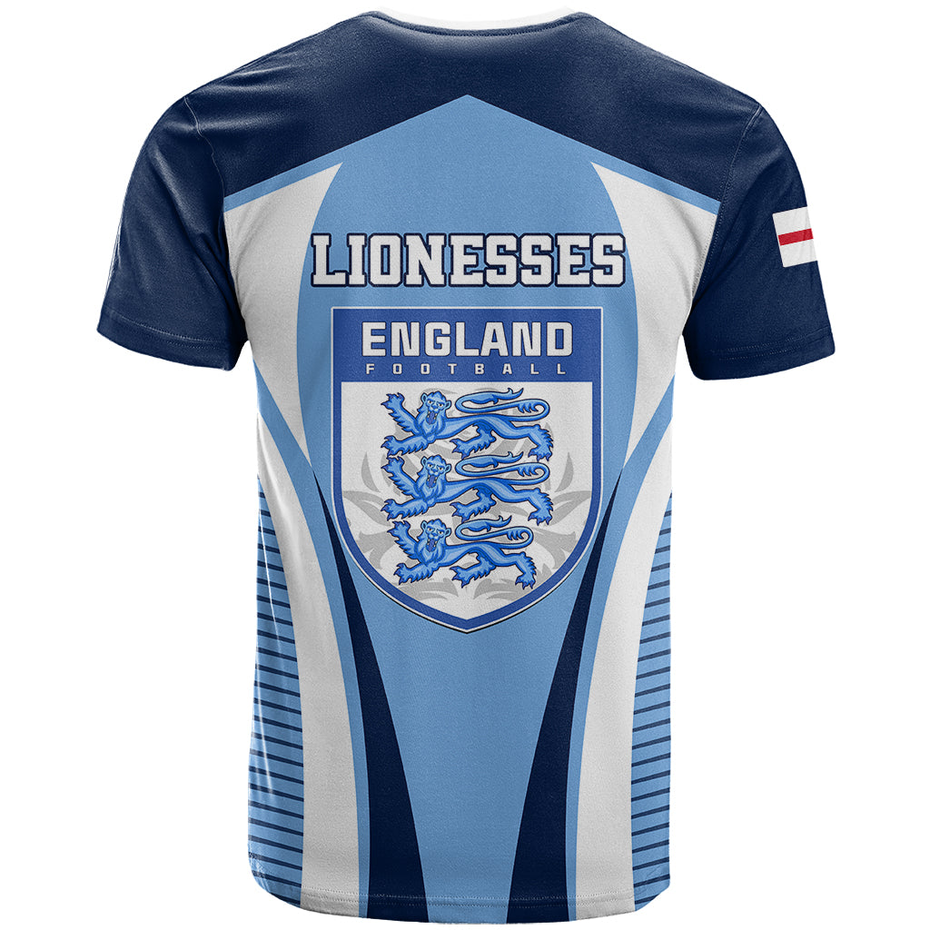 Blue England football T-shirt, back shows LIONESSES text and crest on striped light-blue panel