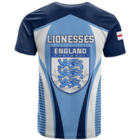 Blue England football T-shirt, back shows LIONESSES text and crest on striped light-blue panel