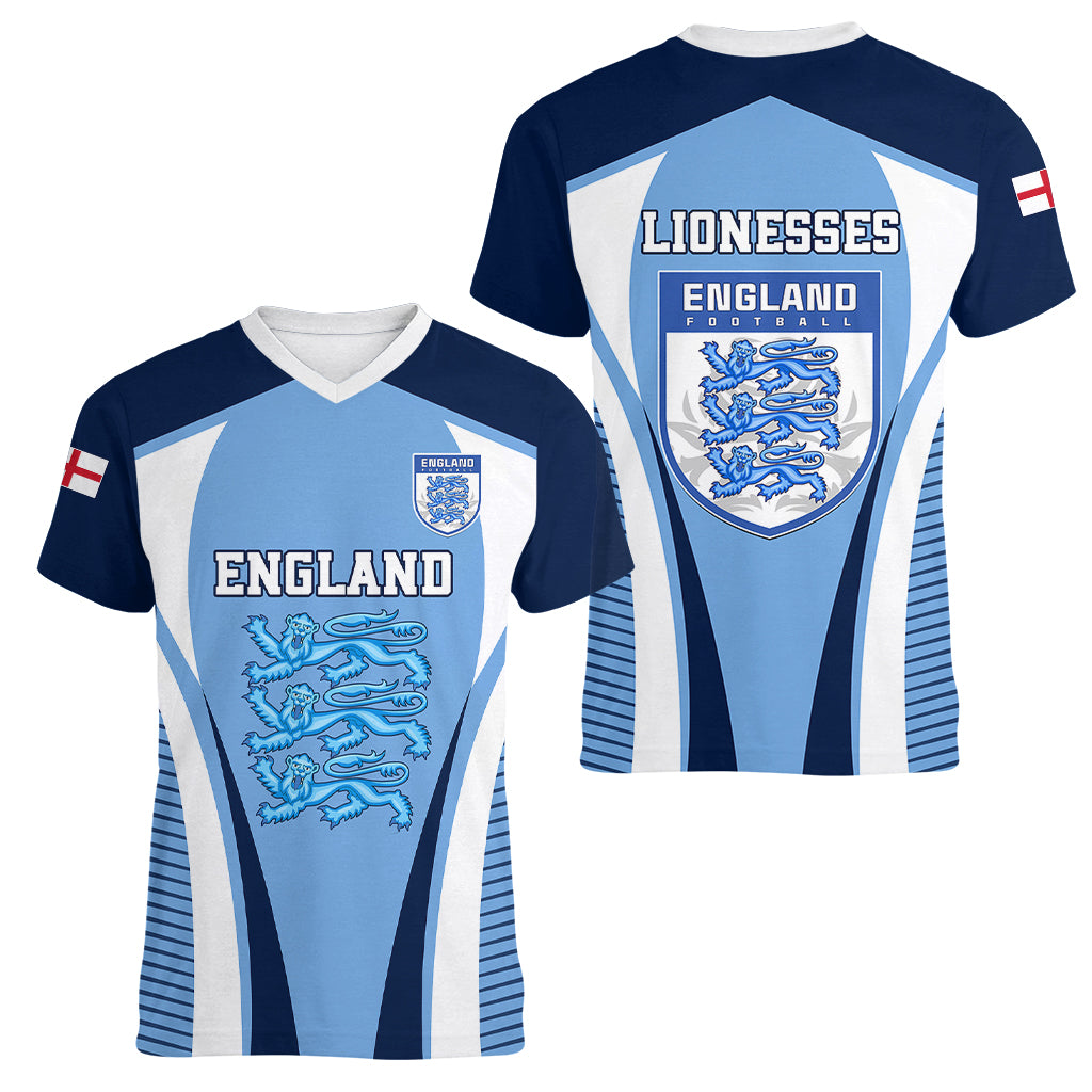 England Football Women V Neck T Shirt Lionesses Blue Sporty Style - Wonder Print Shop