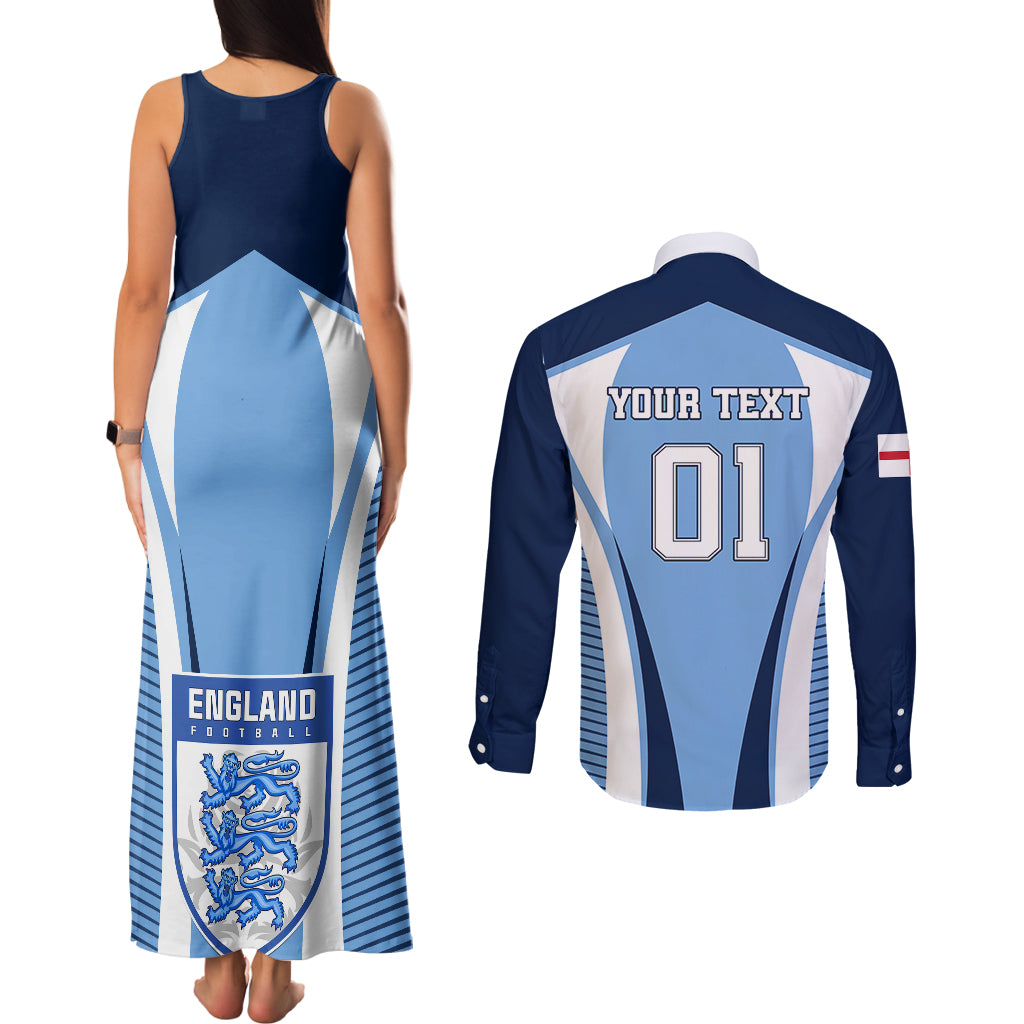 Personalised England Football Couples Matching Tank Maxi Dress and Long Sleeve Button Shirts Lionesses Blue Sporty Style - Wonder Print Shop