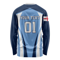 Back of blue and white striped football shirt with customizable text and number 01