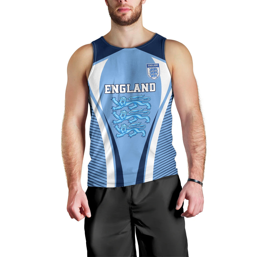 Men's blue England football tank top with England wordmark and lion crest