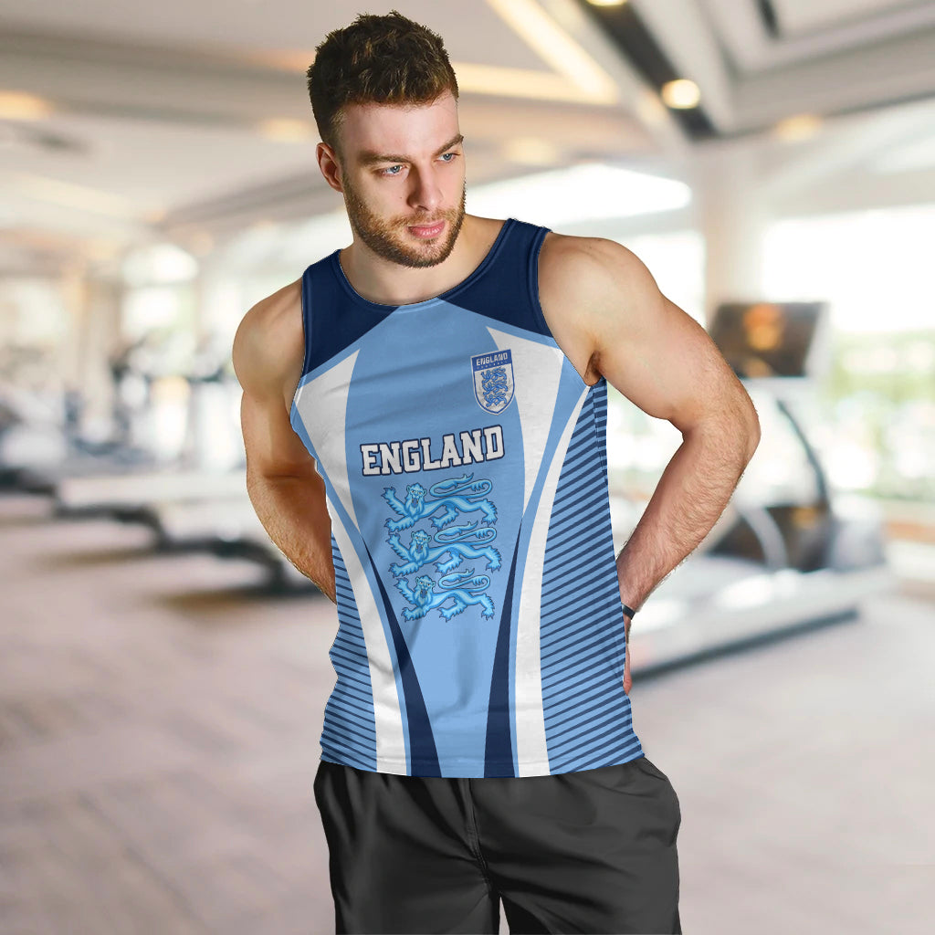 Men's blue England football tank top with crest and striped side panels