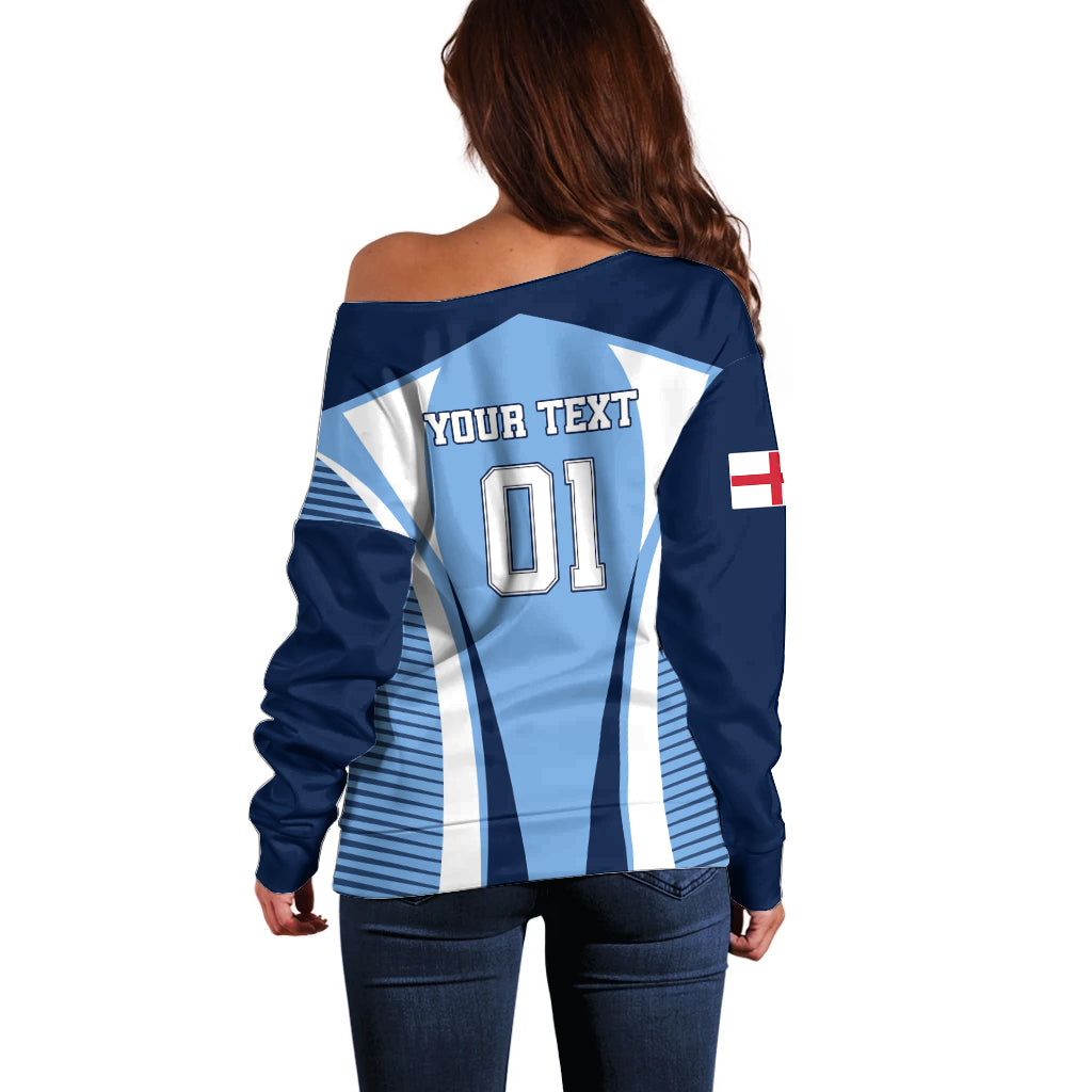 Personalised England Football Off Shoulder Sweater Lionesses Blue Sporty Style - Wonder Print Shop