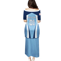 Personalized football jersey long dress, blue with navy yoke, 'YOUR TEXT' and 01