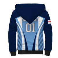 Blue sherpa hoodie, back view with light blue/white stripes and '01' crest