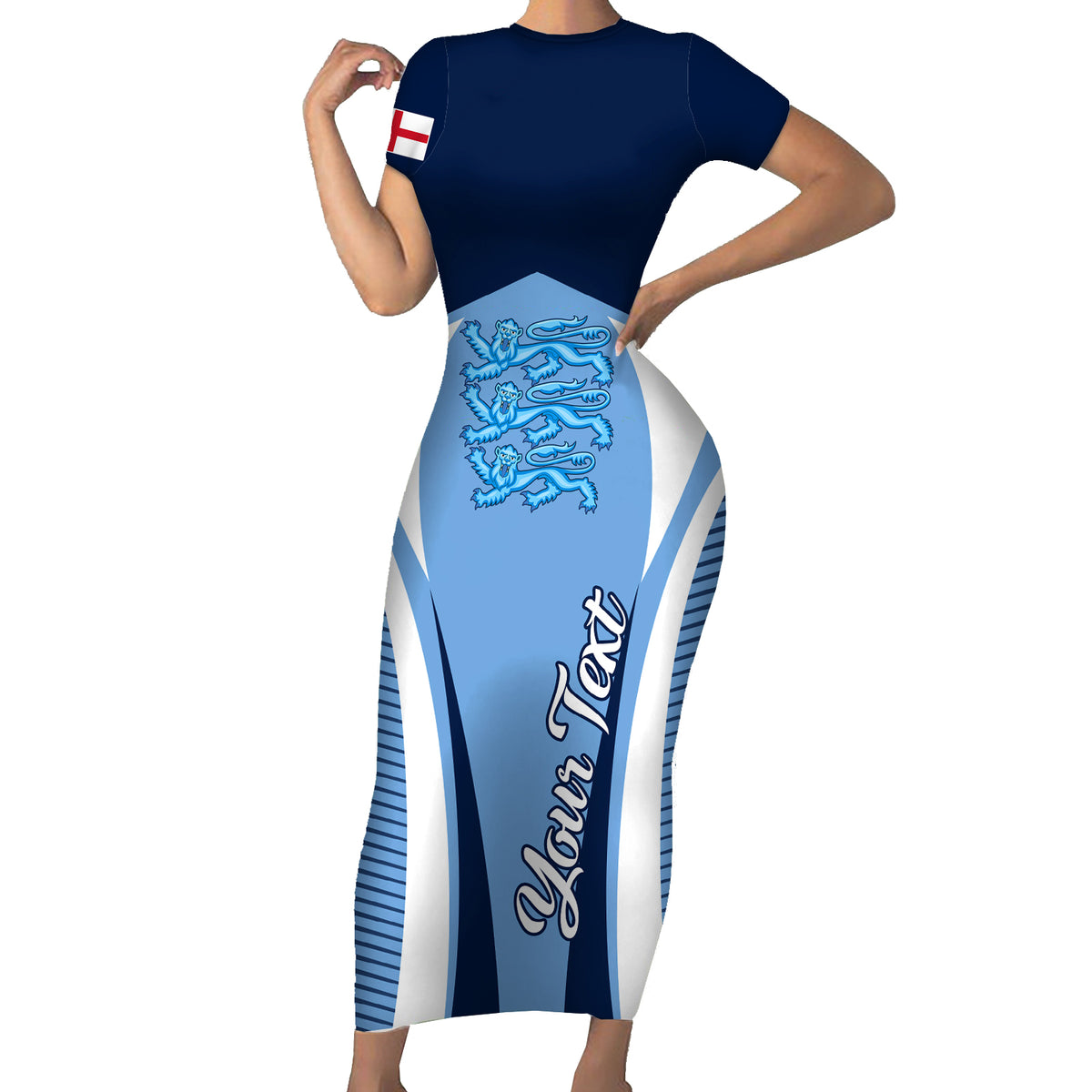 Personalised England Football Short Sleeve Bodycon Dress Lionesses Blue Sporty Style - Wonder Print Shop