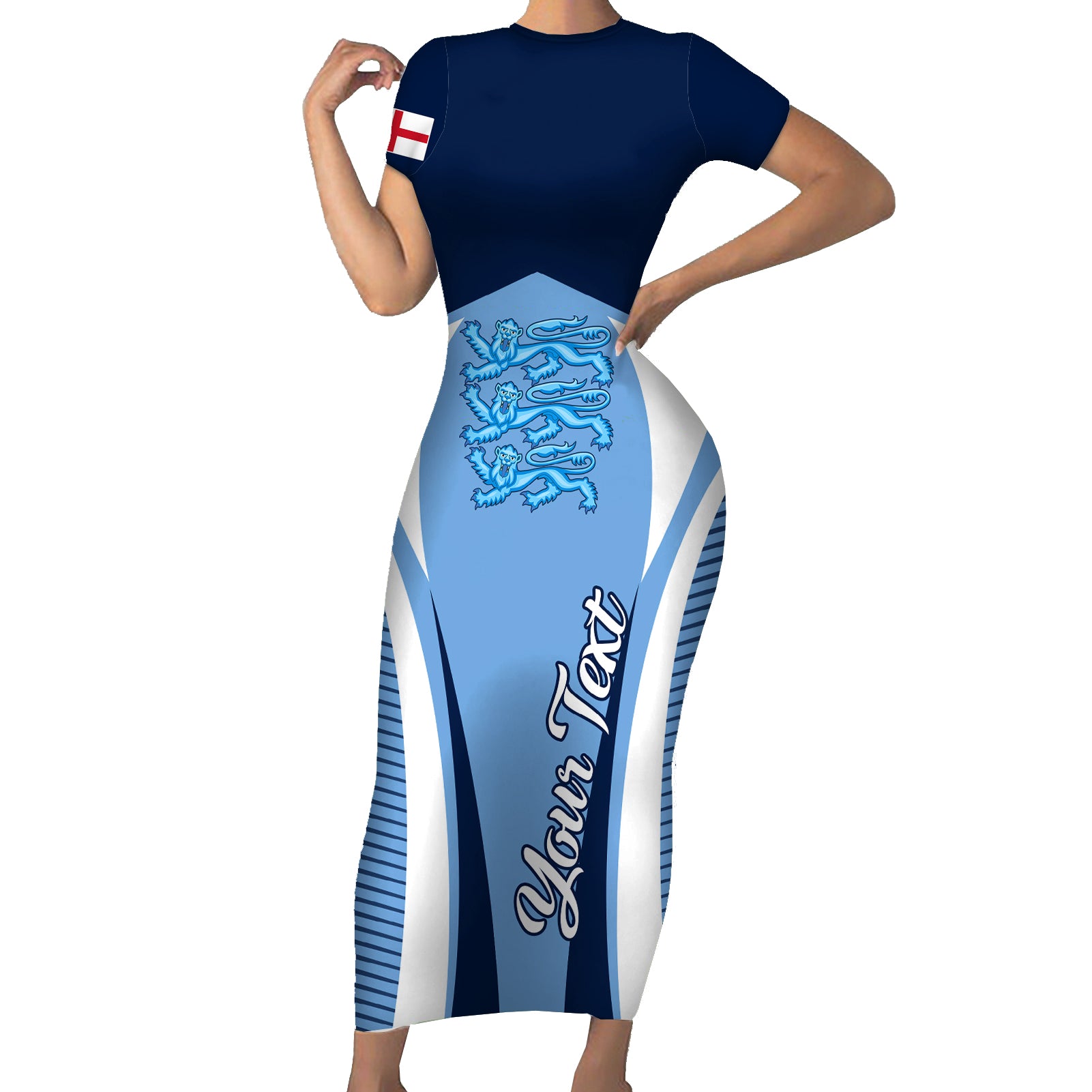 Personalised England Football Short Sleeve Bodycon Dress Lionesses Blue Sporty Style - Wonder Print Shop