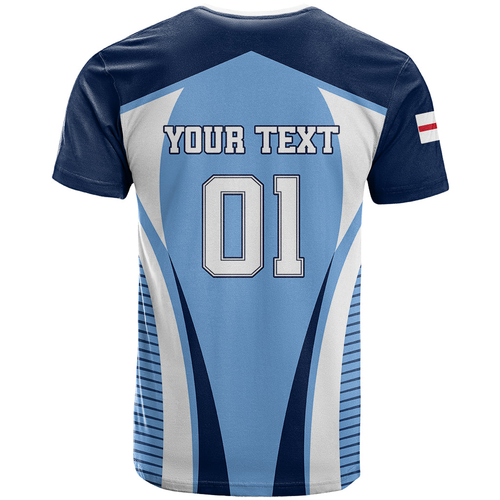 Back of blue football t-shirt with YOUR TEXT and number 01 graphic