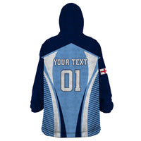 Blue wearable blanket hoodie with back print: YOUR TEXT 01 and England flag