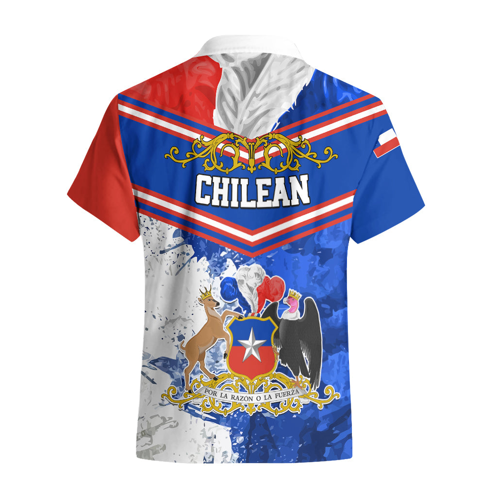 Red and blue short-sleeve shirt with back text “CHILEAN” and crest emblem
