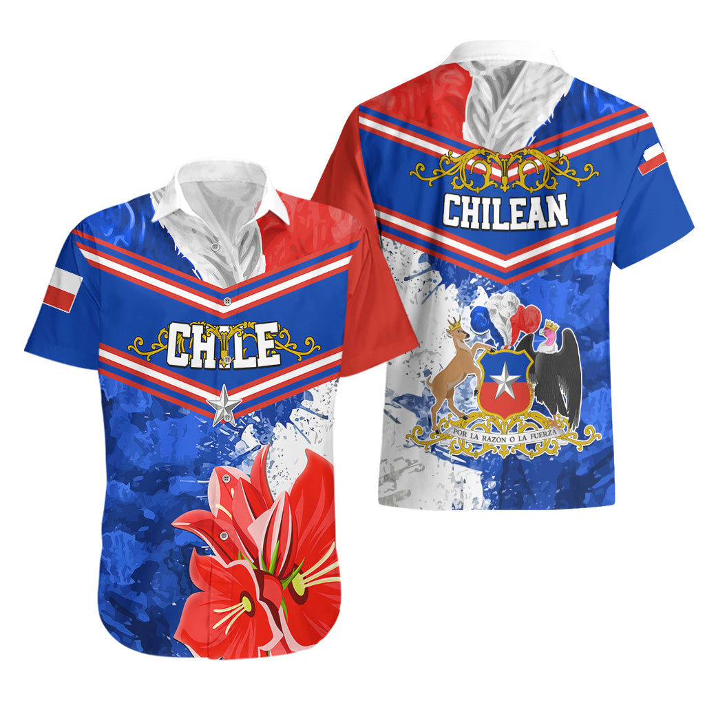 Blue and red short-sleeve shirt set showing front and back “CHILEAN” design