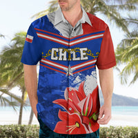 Blue and red short-sleeve button-up shirt with white collar, “CHILE” text and flower print