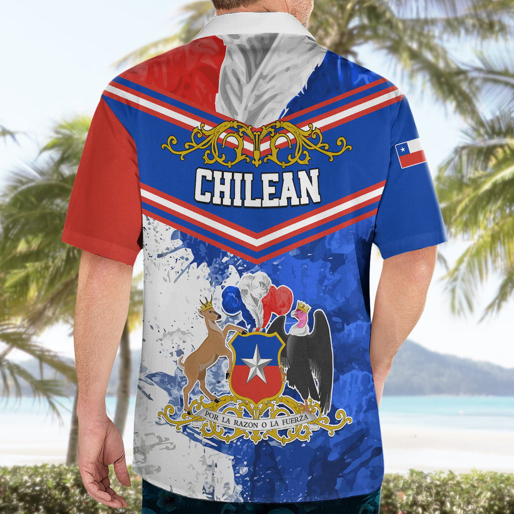Blue and red short-sleeve back view shirt with “CHILEAN” text and crest emblem