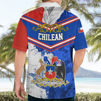 Blue and red short-sleeve back view shirt with “CHILEAN” text and crest emblem