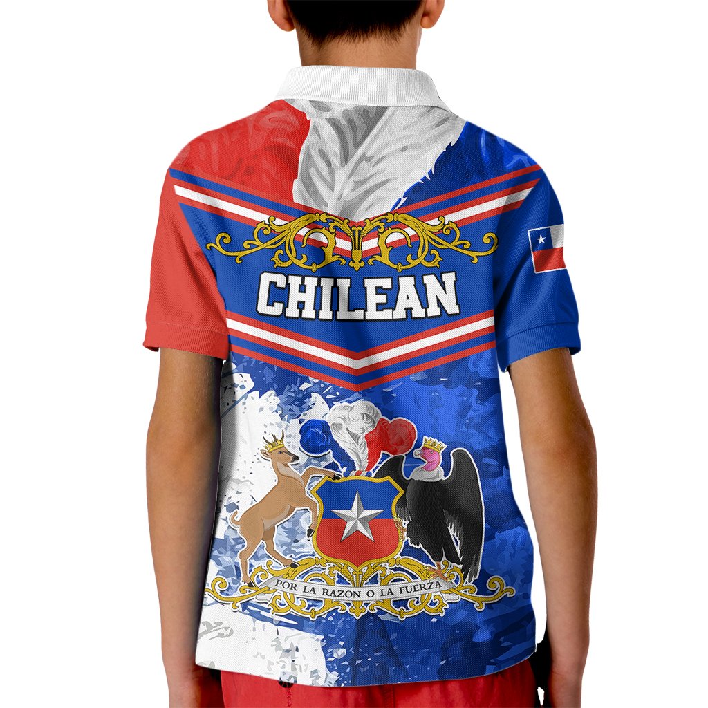 Kids polo shirt back with white collar, blue/red crest and star graphic