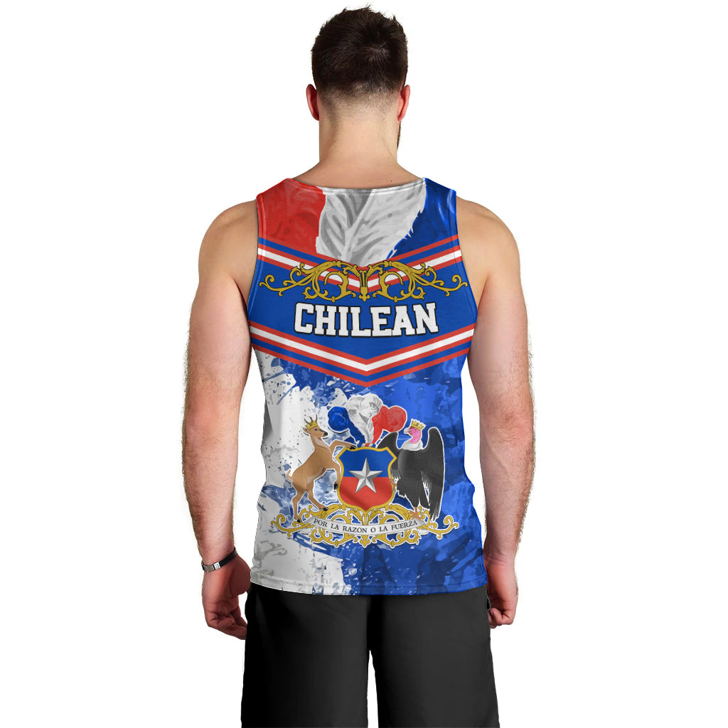 Men's blue tank top with red straps and 'CHILEAN' back graphic
