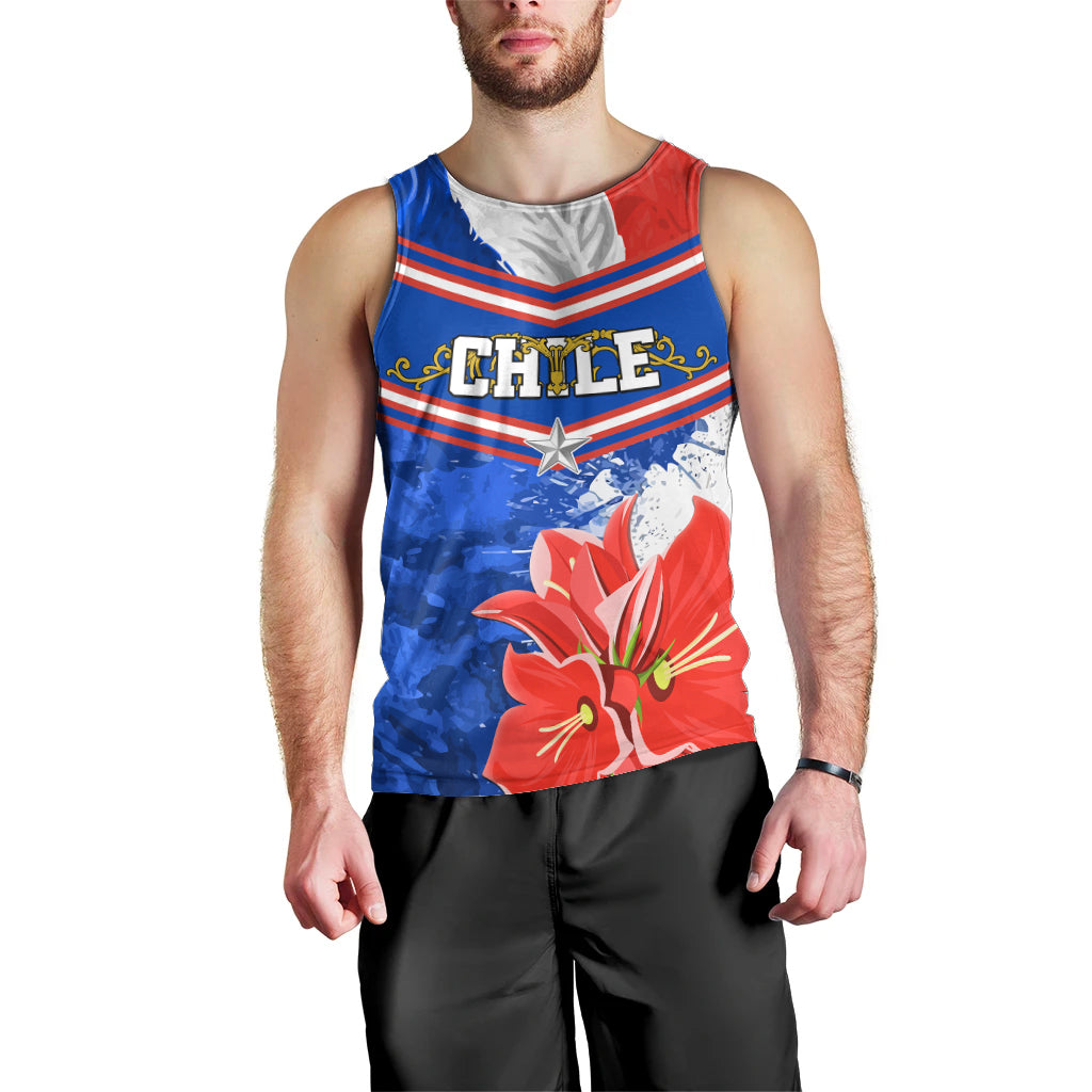 Men's blue tank top with red neckline and large flower and star graphic