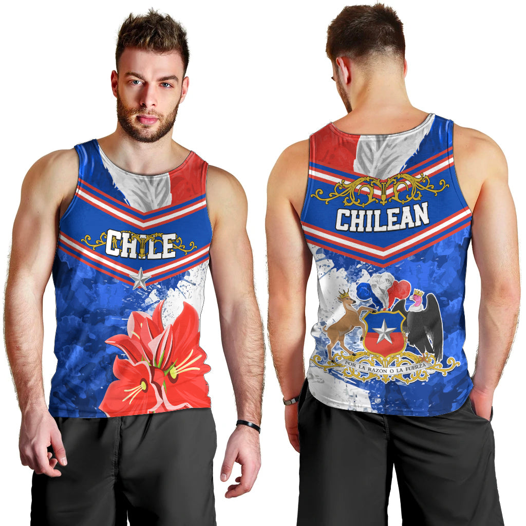 Men's blue tank top, front and back views, red trim and crest graphics