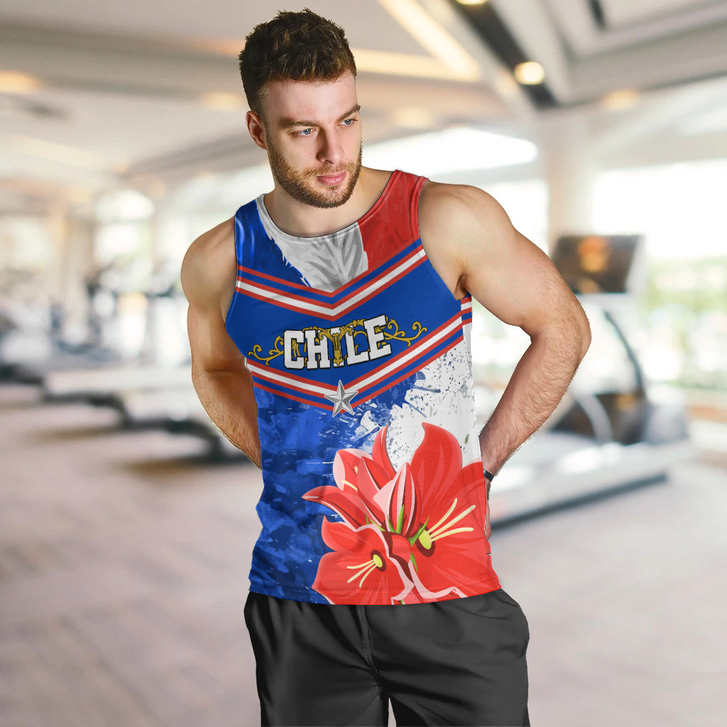 Men's blue tank top with red trim, 'CHILE' badge and large red flower