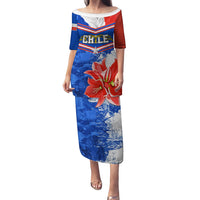 Blue long dress with short sleeves, wide neckline, Chilean flag and floral graphic