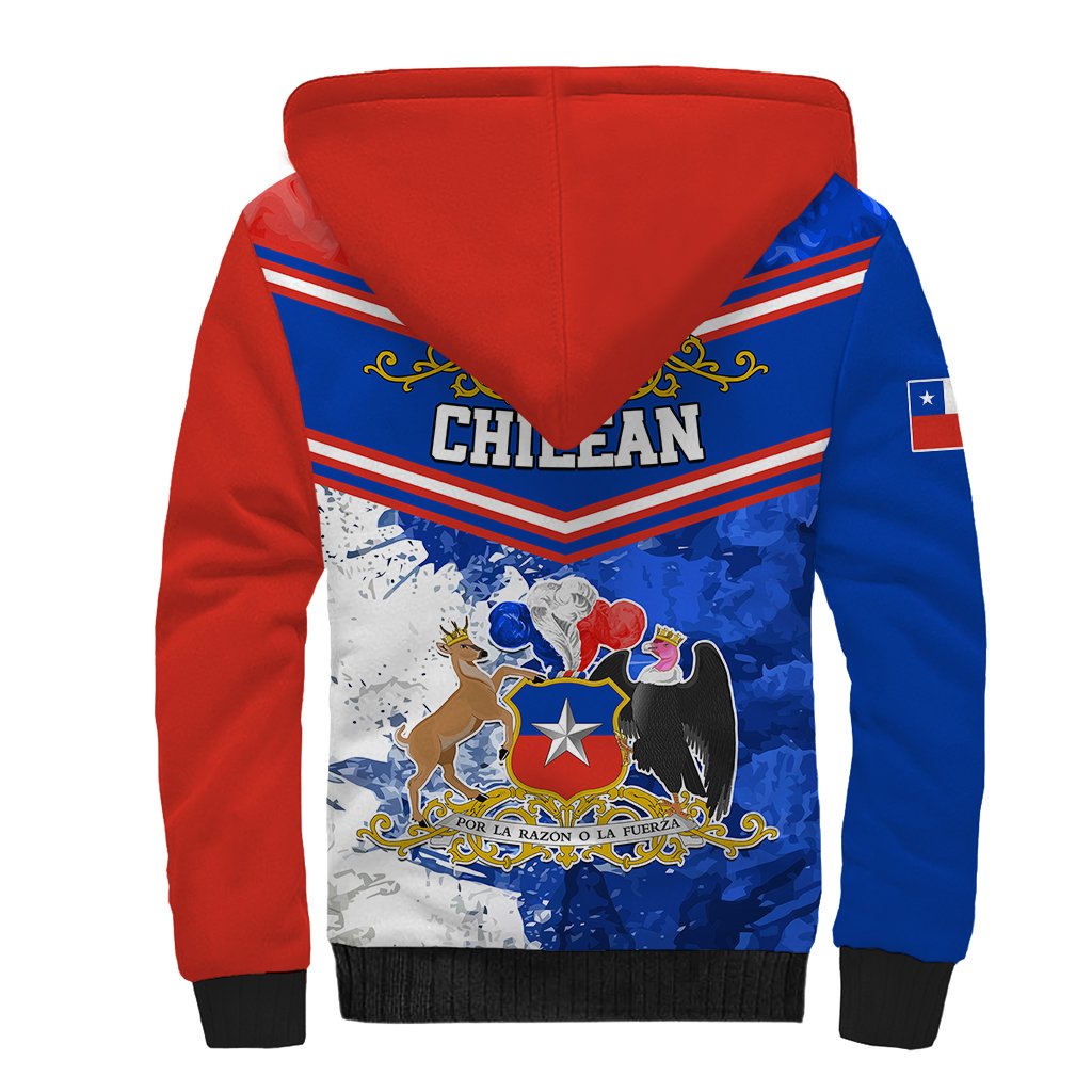 Unisex sherpa hoodie back, red hood and blue sleeves with Chilean-style crest print.