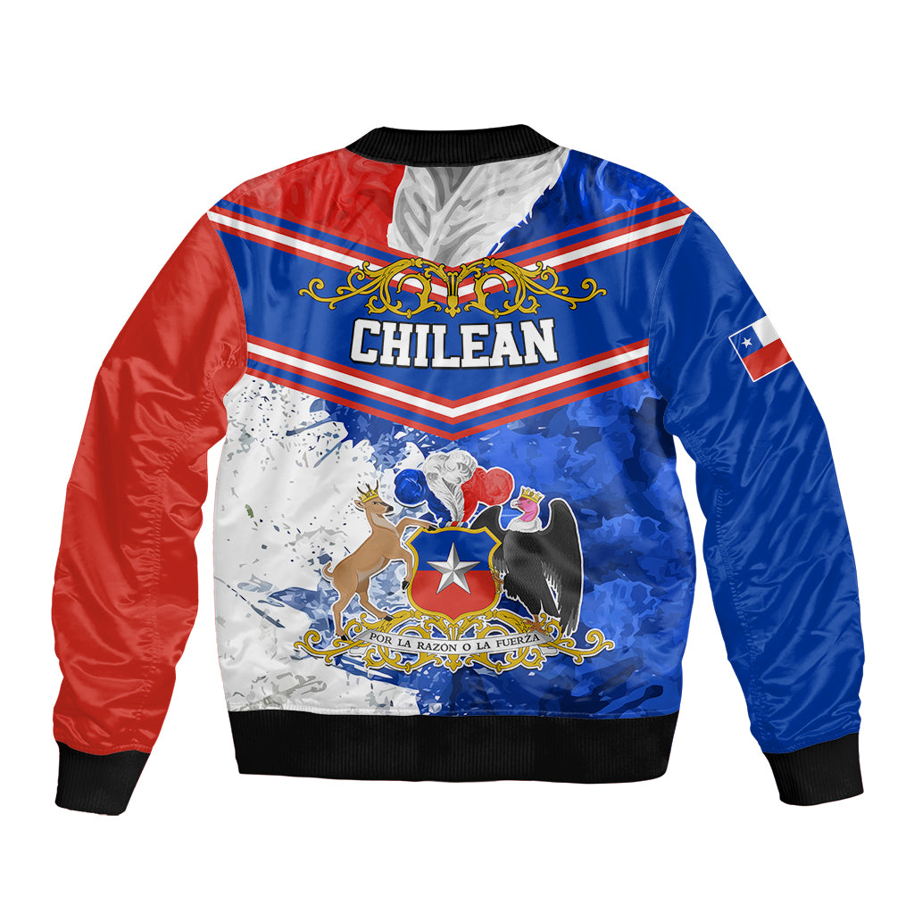 Blue and red zip-up bomber jacket with rear graphic, ribbed hem and cuffs