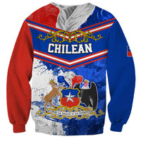 Unisex crewneck sweatshirt in red and blue with 'CHILEAN' crest and emblem