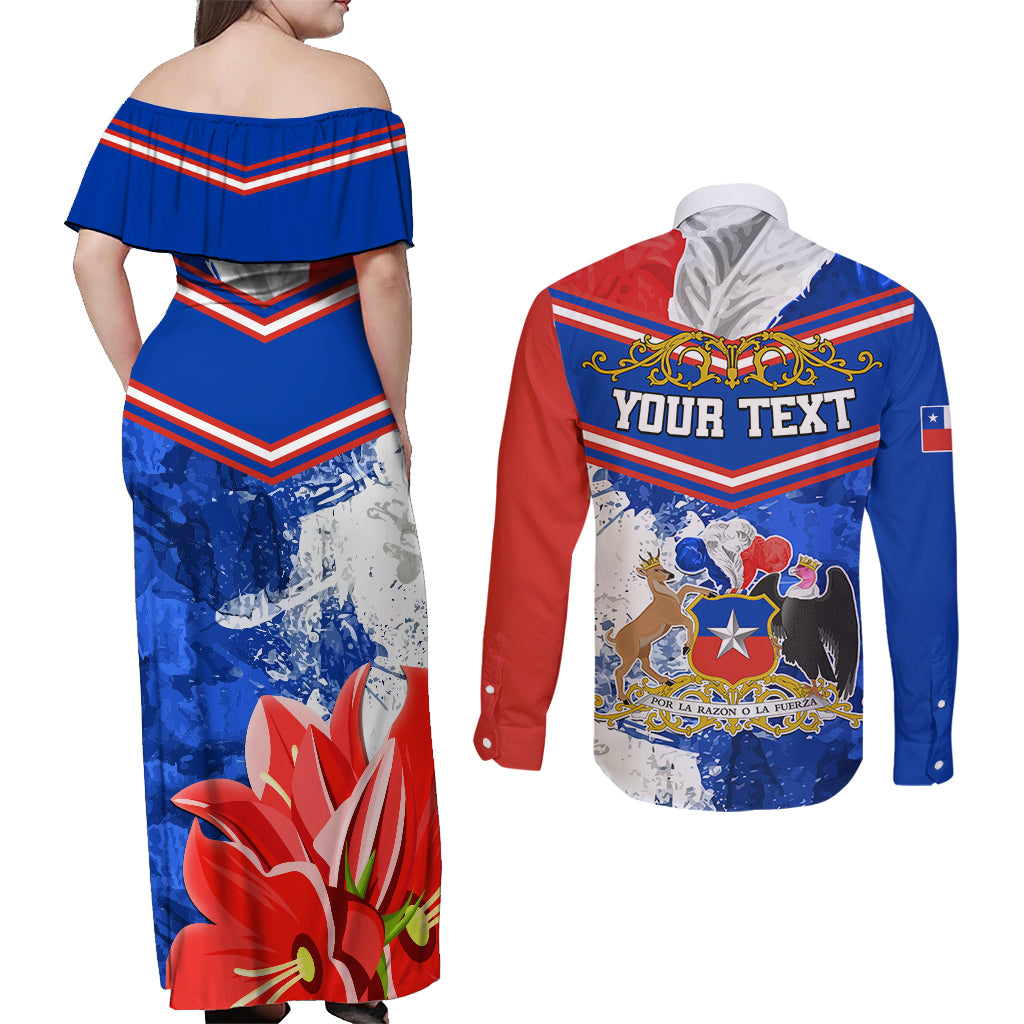 Personalised Chile Couples Matching Off Shoulder Maxi Dress and Long Sleeve Button Shirts Chilean Bellflower Special Version - Wonder Print Shop