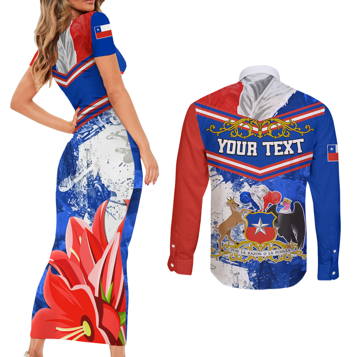Personalised Chile Couples Matching Short Sleeve Bodycon Dress and Long Sleeve Button Shirts Chilean Bellflower Special Version - Wonder Print Shop
