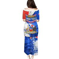 Personalized long blue dress with 'YOUR TEXT', short sleeves, boat neck, graphic print
