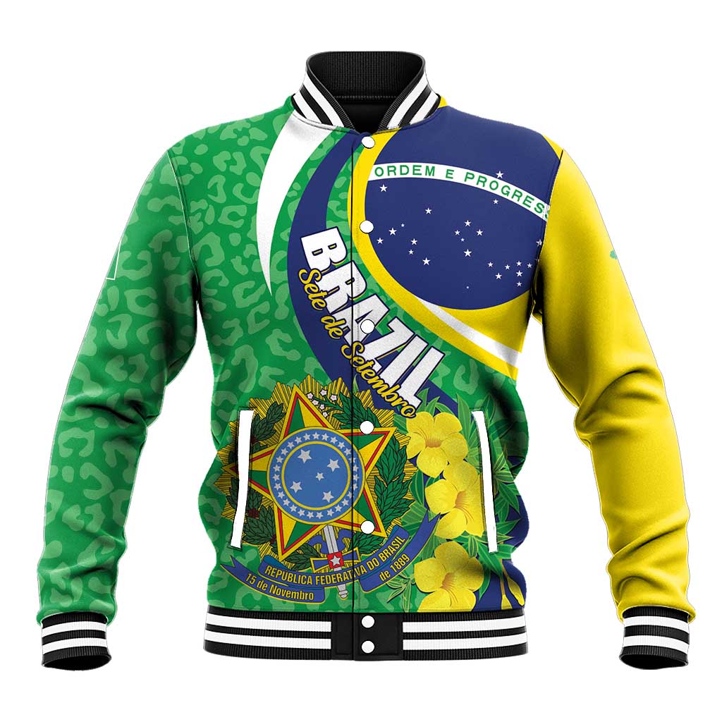 Brazil Sete de Setembro Baseball Jacket Flor De Ip Amarel Leopard Pattern - Wonder Print Shop
