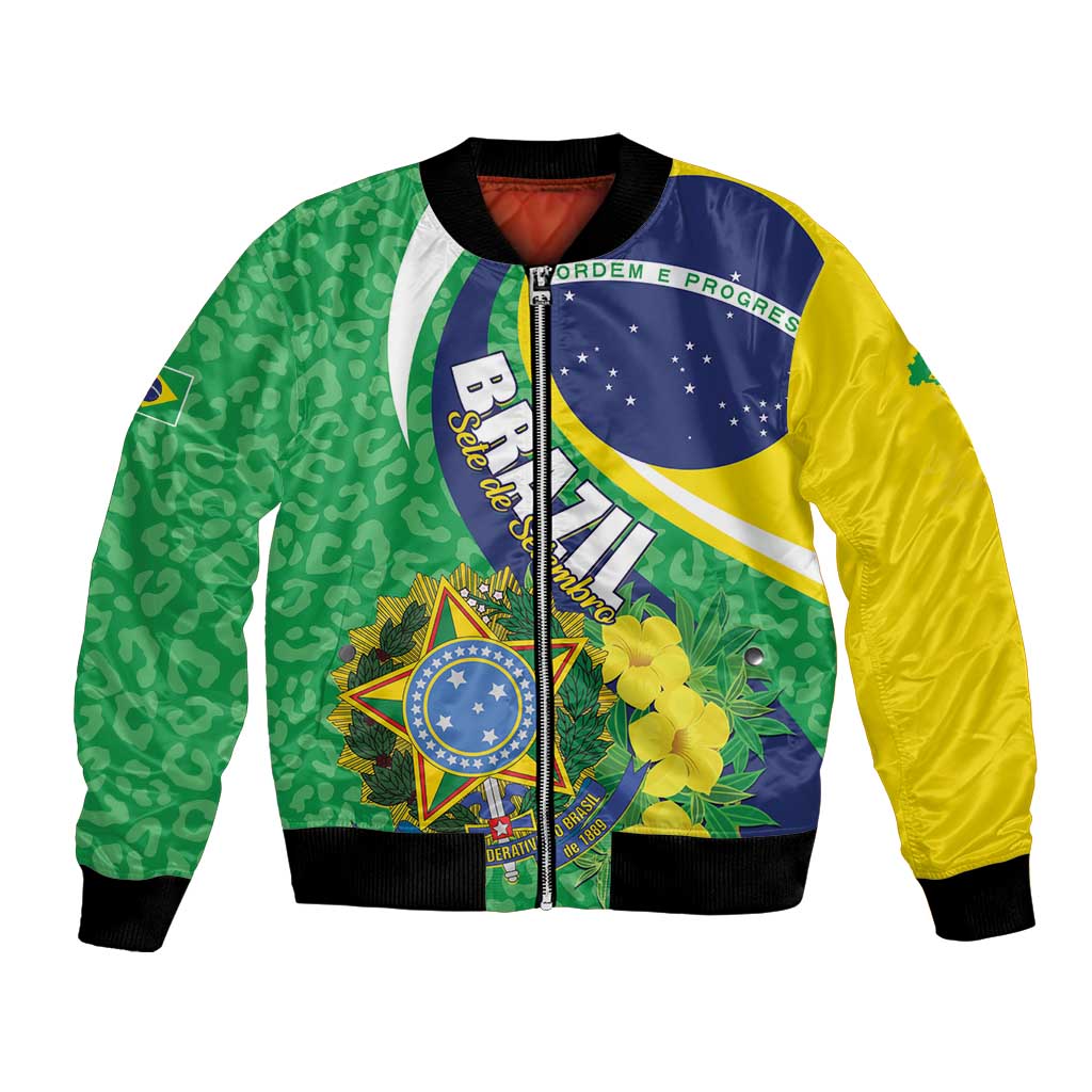Brazil Sete de Setembro Bomber Jacket Flor De Ip Amarel Leopard Pattern - Wonder Print Shop