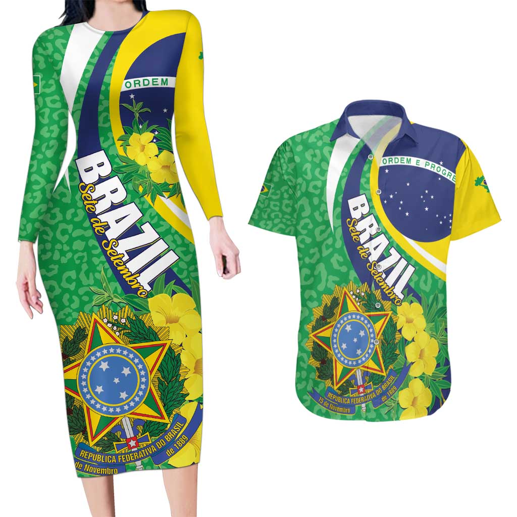 Brazil Sete de Setembro Couples Matching Long Sleeve Bodycon Dress and Hawaiian Shirt Flor De Ip Amarel Leopard Pattern - Wonder Print Shop