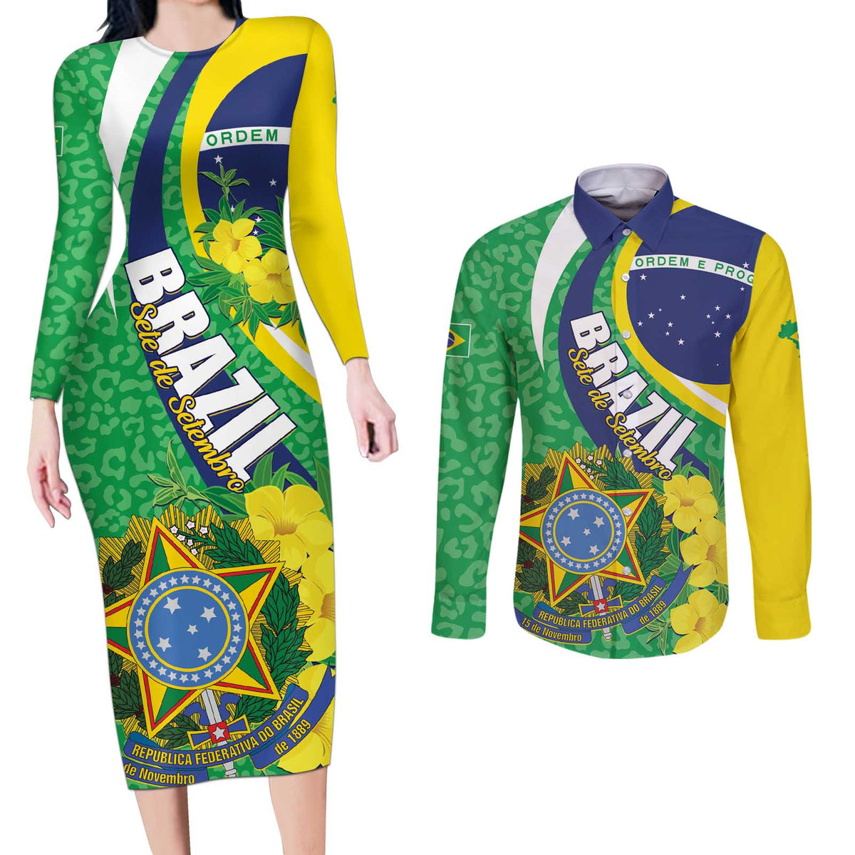 Brazil Sete de Setembro Couples Matching Long Sleeve Bodycon Dress and Long Sleeve Button Shirt Flor De Ip Amarel Leopard Pattern - Wonder Print Shop