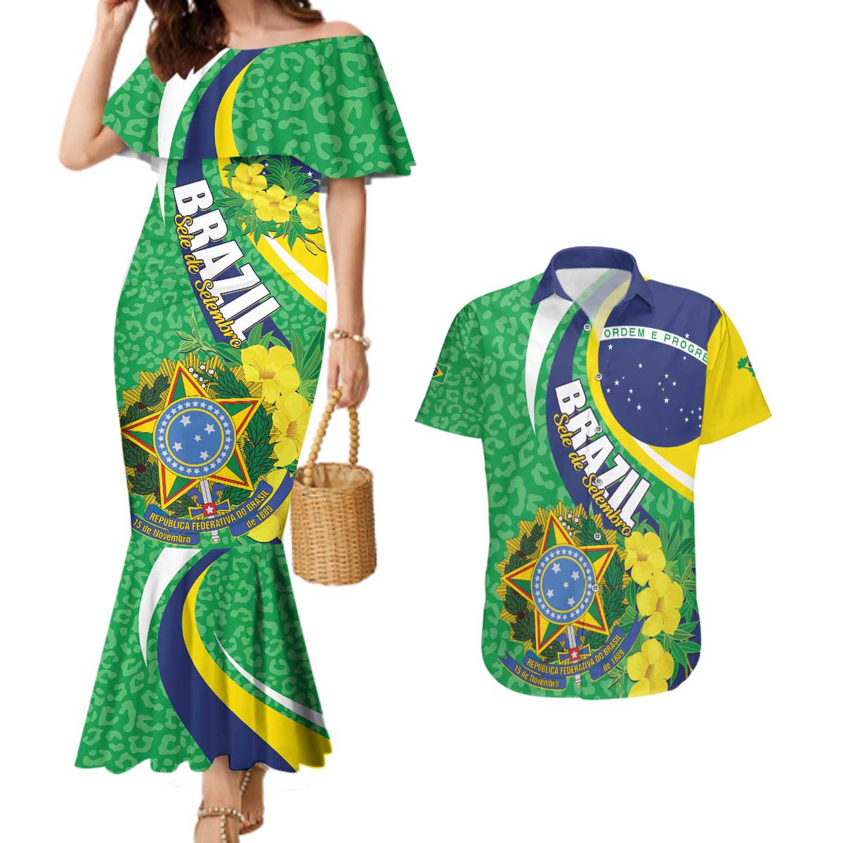 Brazil Sete de Setembro Couples Matching Mermaid Dress and Hawaiian Shirt Flor De Ip Amarel Leopard Pattern - Wonder Print Shop