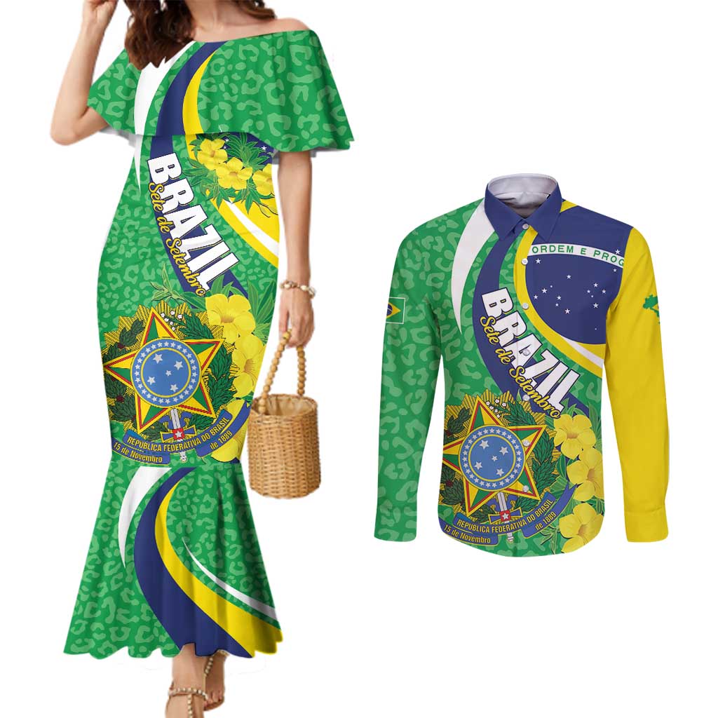 Brazil Sete de Setembro Couples Matching Mermaid Dress and Long Sleeve Button Shirt Flor De Ipê Amarel Leopard Pattern